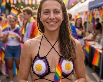 Biustonosz typu „Nonbinary Pride” z szydełkową gwiazdą, ręcznie robiony bawełniany top na festiwal
