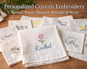 Hand Embroidered Linen Napkins, Personalized Floral Animal Designs, Custom Name Date Napkins