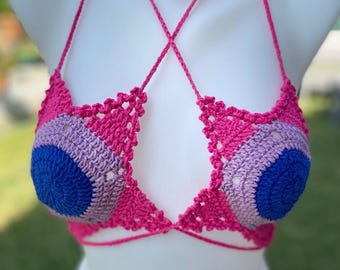 Bisexual Pride Crochet Top, Pink Purple Blue Cotton Halter Top, Festival Rave Outfit
