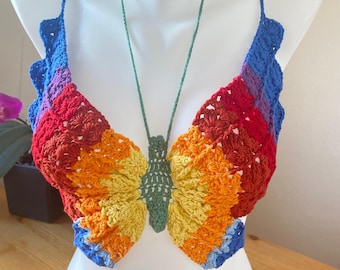 Handmade Crochet Butterfly Top – LGBT Pride Festival Outfit – Rainbow Bralette Crop – 25 Flag Options