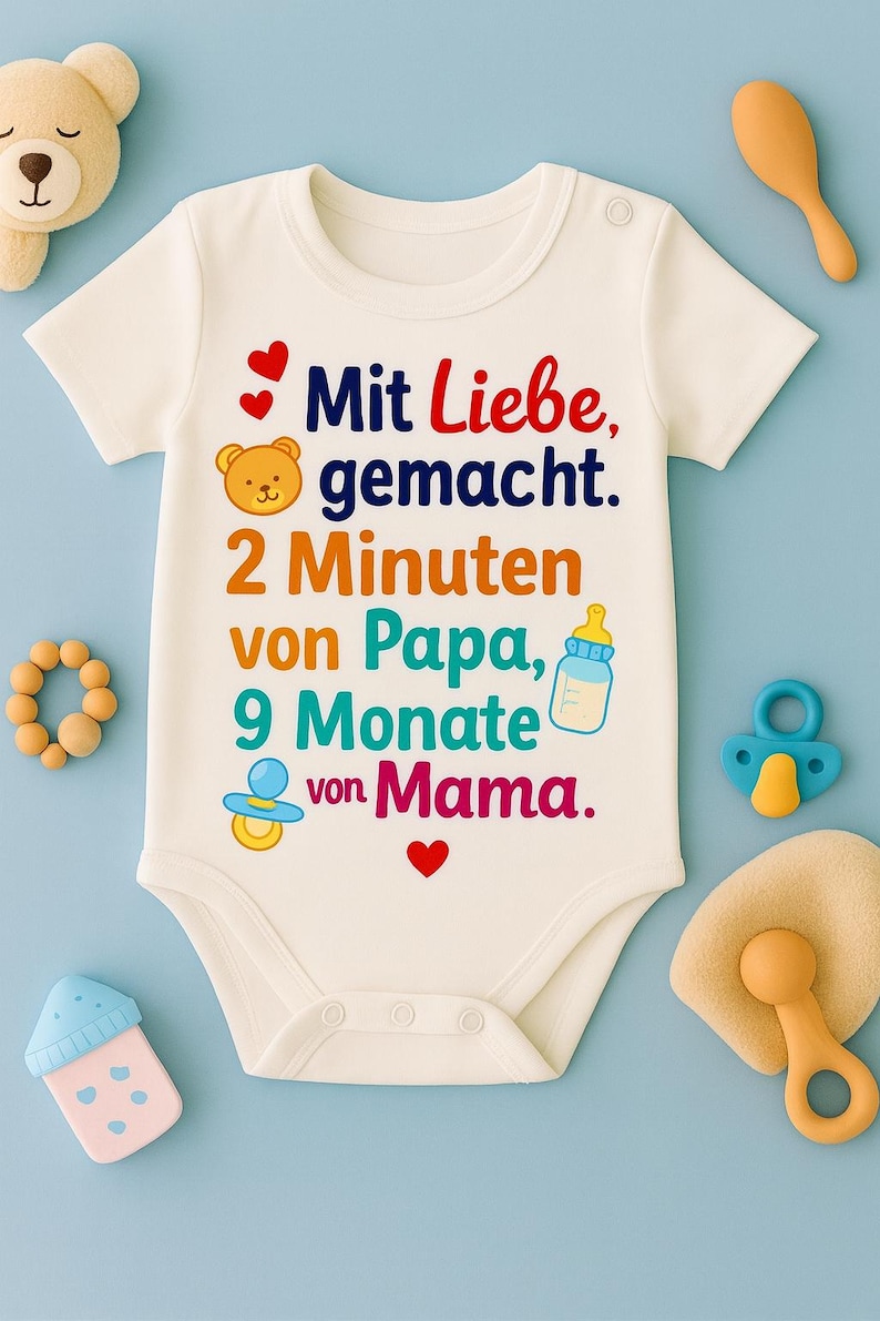 May include: White baby onesie with the text "Mit Liebe, gemacht. 2 Minuten von Papa, 9 Monate von Mama." in various colors. The onesie has a bear and heart graphic. Baby accessories surround the onesie.