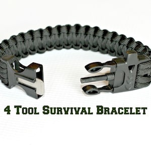 May include: A black paracord survival bracelet with a black plastic buckle and a whistle. The bracelet has a fire starter and a small knife. The text "4 TOOL SURVIVAL BRACELET" is printed below the bracelet.