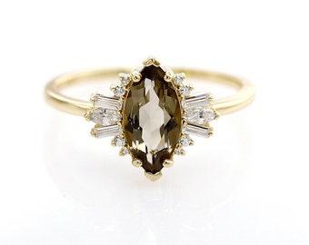 Semi Precious Moss Quartz Marquise Vintage Style Ring