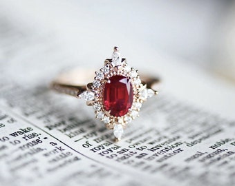 Semi Precious Red Garnet Oval Halo Vintage Style Ring