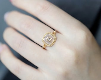 Semi Precious Chalcedony Ornate Square Vintage Style Ring