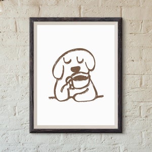 コーヒーを飲むミニマリストの犬のプリント | 風変わりなペット愛好家のウォールアート | モダンなコーヒーの装飾 | カフェアート | ミニマリストのカフェアート | ミニマリストの犬のアート