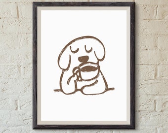 Impresión minimalista de perro bebiendo café / Arte de pared peculiar para amantes de las mascotas / Decoración de café moderna / Arte de cafetería / Arte de cafetería minimalista / Arte minimalista de perro