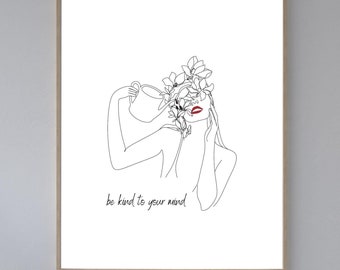 Be Kind to Your Mind Wall Art – Minimalist Mental Health Print – Self-Care Mental Health Decor – Modern Botanical Wellness Art | Mindfulness