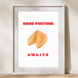 Good Fortune Awaits Print | Fun Fortune Cookie Wall Art with Bold Red Typography for Modern Kitchens | Quirky Kitchen Art | Positivity Art