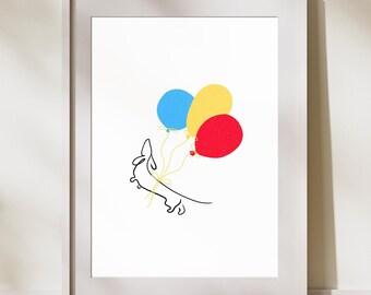 Dachshund with Balloons Print |Minimalist Dog Art |Whimsical Dachshund Wall Decor |Cute Pet Illustration |Colorful Kids Room Decor |Dog Gift