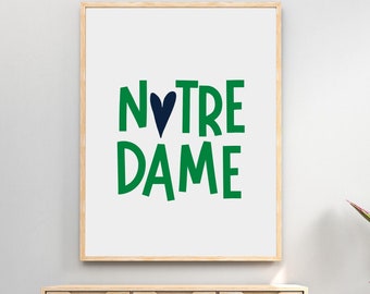 Impresión artística de Notre Dame Heart / Decoración de pared de Fighting Irish / Regalo de exalumnos de Notre Dame / Impresión de Fighting Irish / Impresión de Notre Dame / Arte universitario moderno