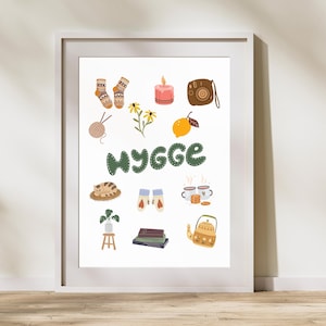 以下が含まれることがあります： 白い額縁に入ったプリントで、緑色の文字で「hygge」という言葉が書かれており、ミトン、猫、キャンドル、ティーポット、ティーカップなど、居心地の良いアイテムのイラストで囲まれています。