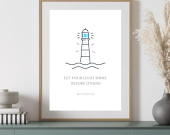 Let Your Light Shine Lighthouse Print | Matthew 5:16 Coastal Scripture Wall Art for Christian & Catholic Homes |Bible Beach Print | Nautical