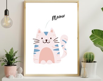 Cute Cat Wall Art Digital Download - 'Meow' Printable for Nursery Decor, Kids Room, or Cat Lovers - Whimsical Pastel Cat Illustration | Cat