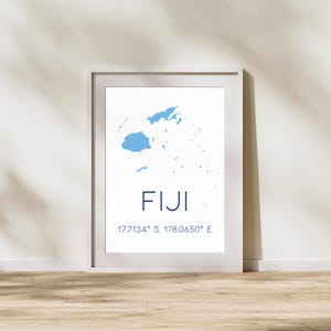 Fiji Map Print with Coordinates | Minimalist Fiji Wall Art | Blue Fijian Flag Colors | Fiji Print | Fiji Longitude and Latitude Art | Fiji