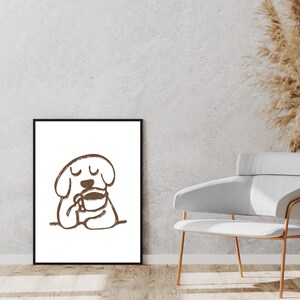 Minimalist digital art print featuring a dog sipping coffee in coffee-brown tones. A quirky, cute, and modern design, this print is a great gift for dog and pet lovers and coffee enthusiasts. This print is ideal for home, kitchen, or office decor. Keywords: coffee wall art, cute coffee print, minimalist dog drinking coffee, cafe wall art, modern coffee art, cute kitchen print, dog lover gift, cute dog art, coffee lover gift, coffee lover art, coffee lover, dog lover, dog lover art, cute kitchen
