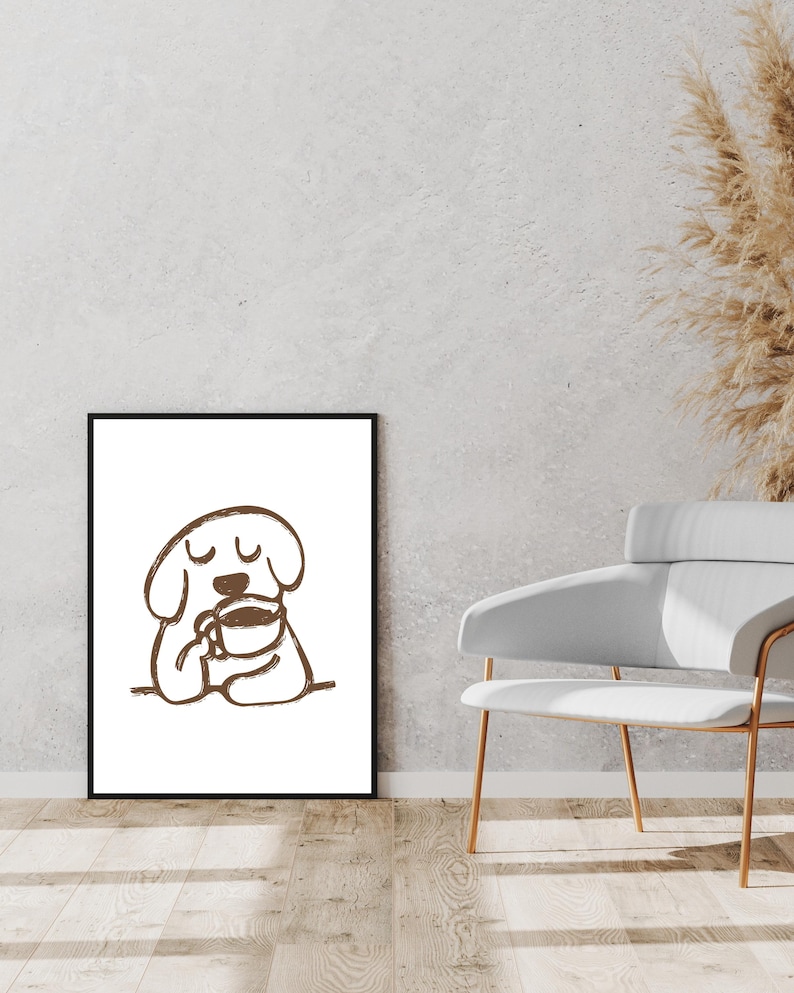 Minimalist digital art print featuring a dog sipping coffee in coffee-brown tones. A quirky, cute, and modern design, this print is a great gift for dog and pet lovers and coffee enthusiasts. This print is ideal for home, kitchen, or office decor. Keywords: coffee wall art, cute coffee print, minimalist dog drinking coffee, cafe wall art, modern coffee art, cute kitchen print, dog lover gift, cute dog art, coffee lover gift, coffee lover art, coffee lover, dog lover, dog lover art, cute kitchen