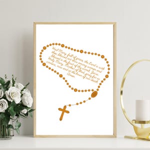 Gold Rosary Hail Mary Prayer Print | Catholic Wall Art | Catholic Home Decor | Rosary Art | Blessed Mother Art | Mother Mary Art | Rosary