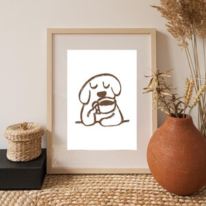 Minimalist digital art print featuring a dog sipping coffee in coffee-brown tones. A quirky, cute, and modern design, this print is a great gift for dog and pet lovers and coffee enthusiasts. This print is ideal for home, kitchen, or office decor. Keywords: coffee wall art, cute coffee print, minimalist dog drinking coffee, cafe wall art, modern coffee art, cute kitchen print, dog lover gift, cute dog art, coffee lover gift, coffee lover art, coffee lover, dog lover, dog lover art, cute kitchen