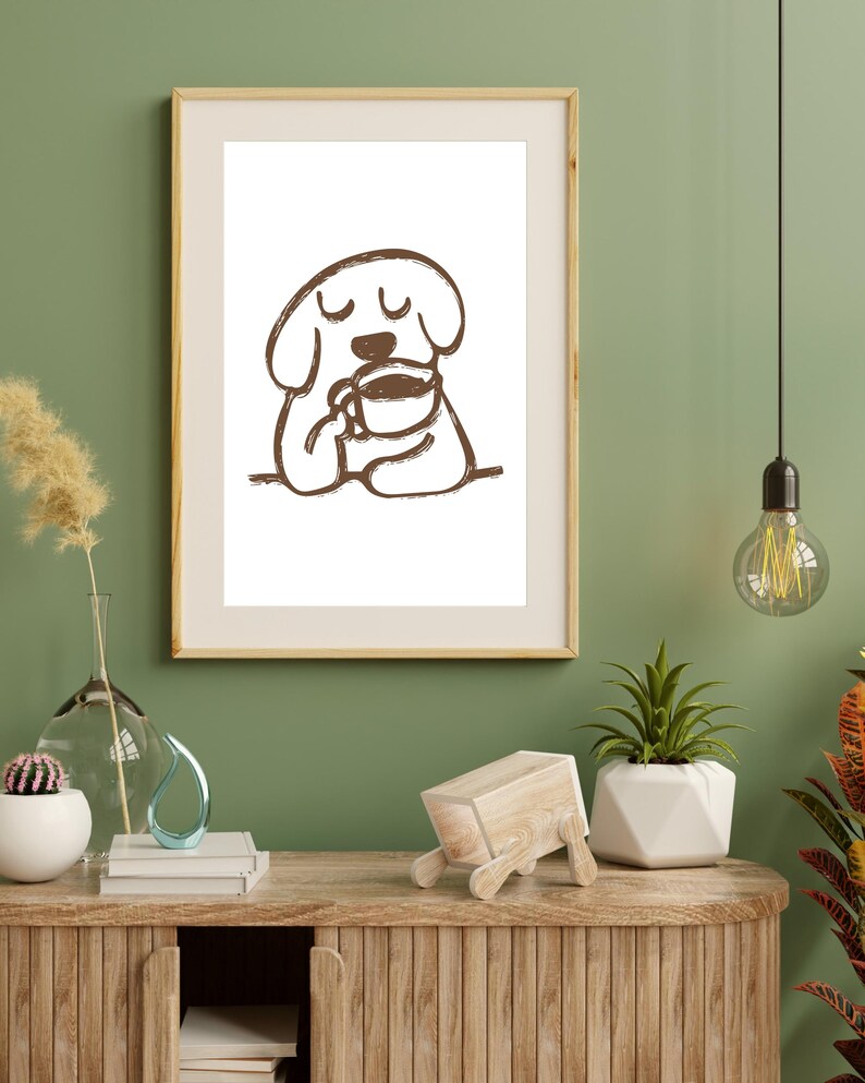 Minimalist digital art print featuring a dog sipping coffee in coffee-brown tones. A quirky, cute, and modern design, this print is a great gift for dog and pet lovers and coffee enthusiasts. This print is ideal for home, kitchen, or office decor. Keywords: coffee wall art, cute coffee print, minimalist dog drinking coffee, cafe wall art, modern coffee art, cute kitchen print, dog lover gift, cute dog art, coffee lover gift, coffee lover art, coffee lover, dog lover, dog lover art, cute kitchen