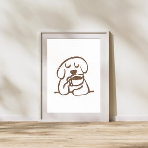 Minimalist digital art print featuring a dog sipping coffee in coffee-brown tones. A quirky, cute, and modern design, this print is a great gift for dog and pet lovers and coffee enthusiasts. This print is ideal for home, kitchen, or office decor. Keywords: coffee wall art, cute coffee print, minimalist dog drinking coffee, cafe wall art, modern coffee art, cute kitchen print, dog lover gift, cute dog art, coffee lover gift, coffee lover art, coffee lover, dog lover, dog lover art, cute kitchen
