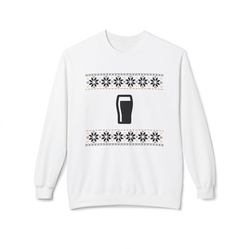 Cozy holiday sweatshirt featuring a simple black pint glass design surrounded by festive knit-style snowflakes. Perfect for beer lovers, stout fans, and anyone who enjoys a classic winter look. Unisex white or gray sweatshirt with a soft, brushed interior and relaxed fit — ideal for Christmas parties, pub nights, or lounging by the fire. Eco-friendly materials and durable design for lasting comfort and holiday cheer. Keywords: guinness christmas sweater, beer lover gift, beer christmas gift