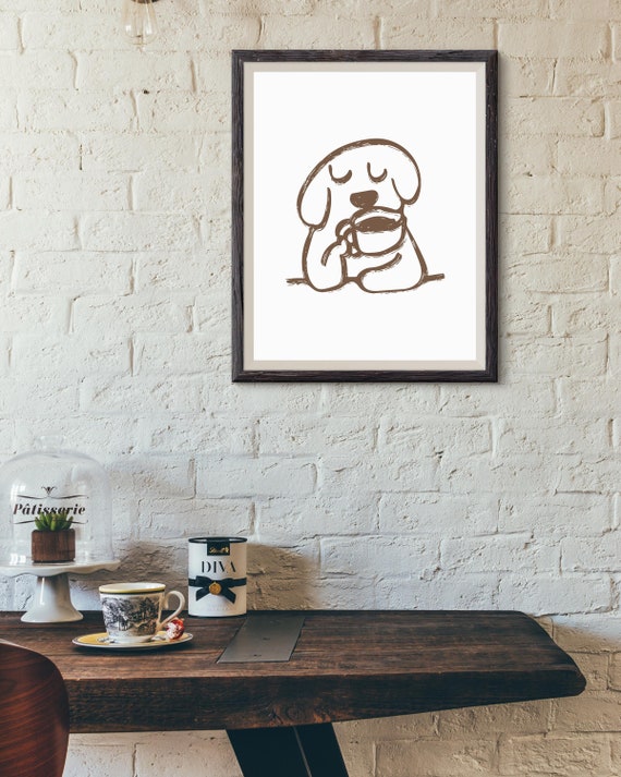Minimalist Dog Drinking Coffee Print | Quirky Pet Lover Wall Art | Modern Coffee Decor | Cafe Art | Minimalist Cafe Art | Minimalist Dog Art