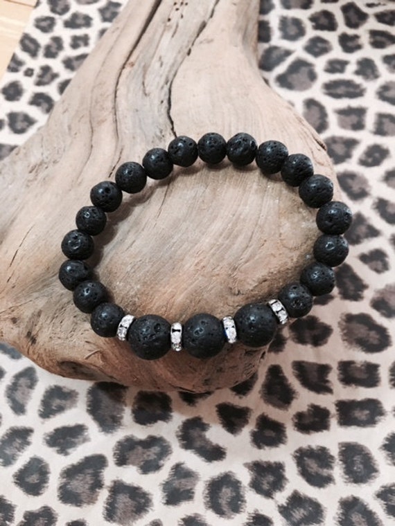 STONE BEAD BRACELET 8 MM SHINY BLACK W/SILVER STONE BEAD BRACELET 8 MM SHINY BLACK W/SILVER