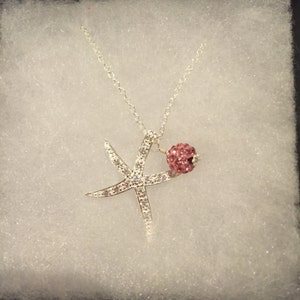 Sterling Silver and Rhinestone Starfish Necklace with Pink Disco Ball Dangle Charm