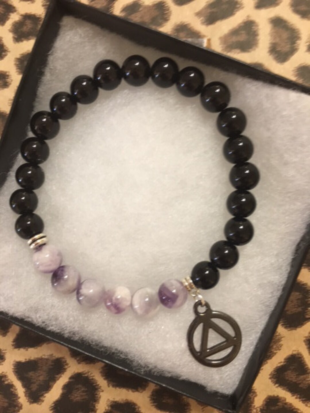 Amethystblack Obsidian and Recovery Charm Sobriety Bracelet - Etsy