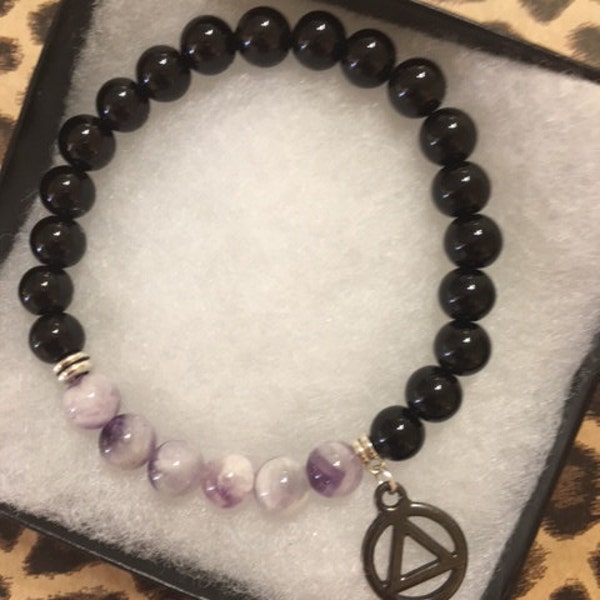 Amethyst,Black Obsidian and Recovery Charm, Sobriety Bracelet, Recovery Bracelet, Meditation Bracelet, Boho Chic Bracelet, Sobriety Bracelet