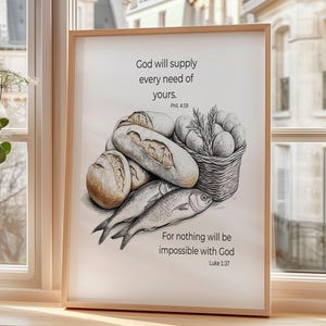 Op de afbeelding: Een zwart-witte illustratie van brood, vis en een mand met fruit met de tekst "God zal in al uw behoeften voorzien. Fil 4:19" en "Want niets is onmogelijk voor God. Lukas 1:37".