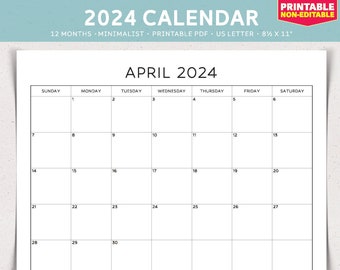2024 Monatskalender Printable Planner Querformat Monatsübersicht Kalender Vorlage, US Letter PDF, 2024 Wandkalender Vorlage PDF