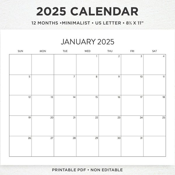 2025 Printable Calendar 2025 Calendar Printable Wall Calendar Printable Minimalist Calendar Black and White Planner US Letter digital prints