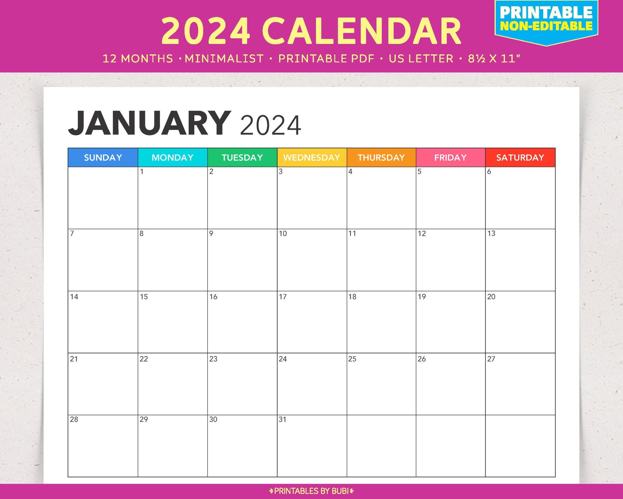 Printable 2024 Calendar, 2024 Monthly Planner, Monthly Calendar Printable  PDF, Landscape Calendar US Letter Size, Sunday Start 2024 Planner - Etsy