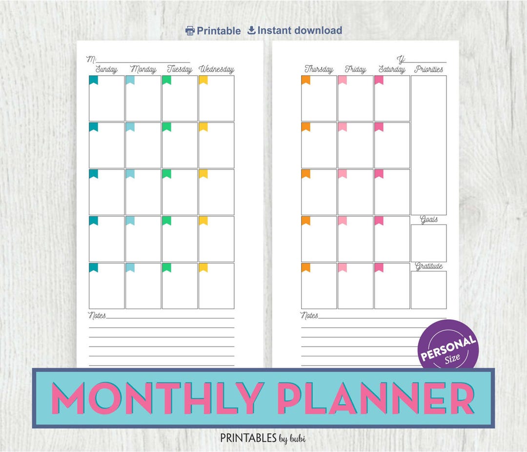 Monthly Planner Personal Insert, Filofax Personal Size, Printable