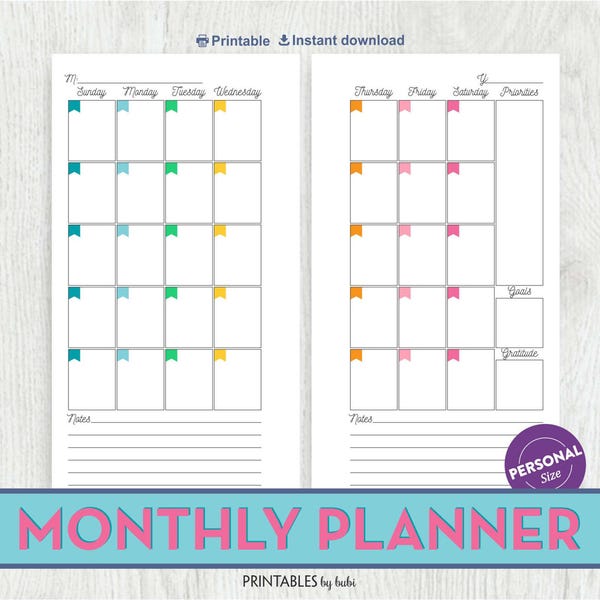 Monthly Planner Personal Insert, Filofax Personal Size, Printable Monthly Planner, Kikki K Medium, Kate Spade Wellesley, LV Agenda MM Refill