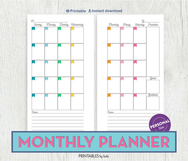 Monthly Planner Personal Insert, Filofax Personal Size, Printable