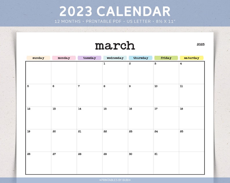 2023 Printable Calendar Landscape Minimalist Monthly Calendar 2023