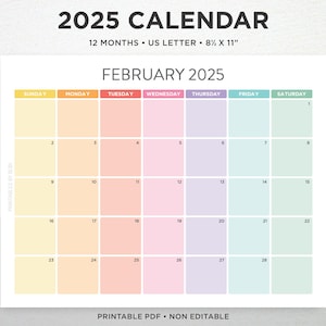 2025 Calendar Printable, Monthly Calendar, 2025 Monthly Planner Landscape, Wall Calendar Printable, Monthly Template Sunday Start US Letter