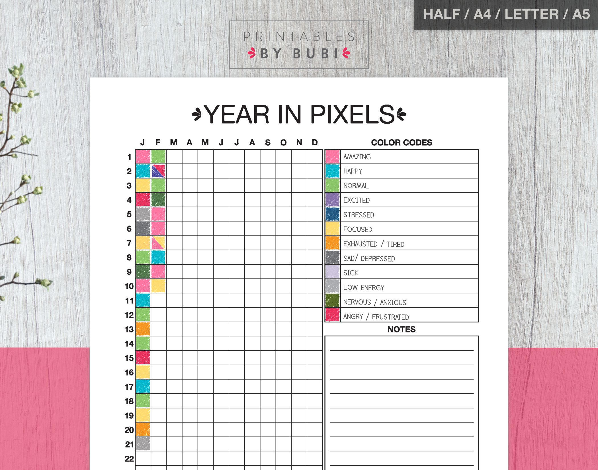 Mood Chart Mood Tracker Year In Pixels Bullet Journal Etsy