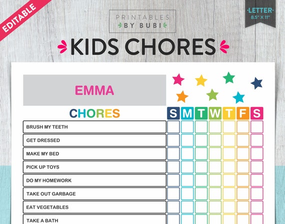 Childrens Chore Chart Printable