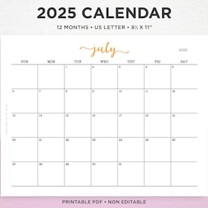 2025 Calendar, 2025 Calendar Printable, Monthly Planner Landscape, Wall Calendar Printable, Monthly Calendar Template Sunday Start US Letter