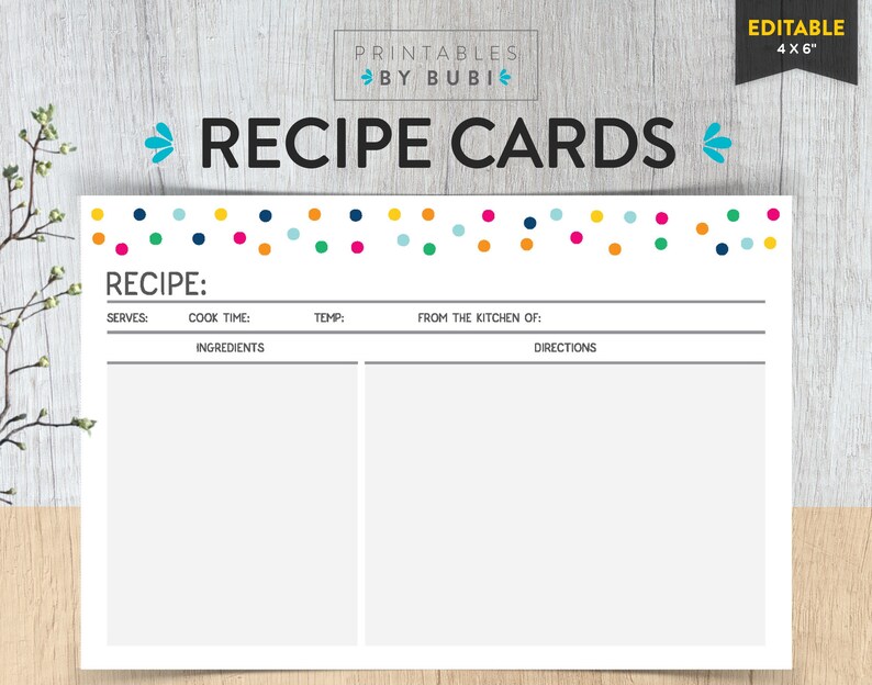 Recipe Cards 4x6 Editable, Printable Recipe Card, Recipes, Cards, Printable Cards, Editable, Instant Download, Recipe Card Template