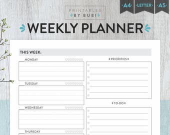 Weekly Planner Printable Inserts Daily Planner, Filofax A5 Planner Pages, Weekly Agenda Instant Download PDF, A4 - A5 - Letter Size