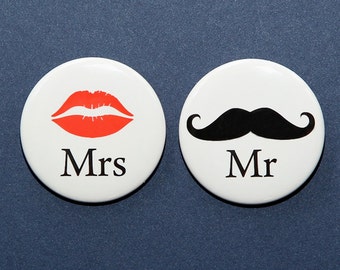 Mr. and Mrs. Lips and Mustache Buttons Pinbacks Badges 1 1/2 inch Set of 2 - Keychains Magnets or Flatbacks