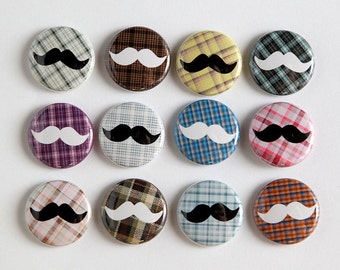 Mustache Plaids Set of 12 - Pinback Buttons Badges 1 inch