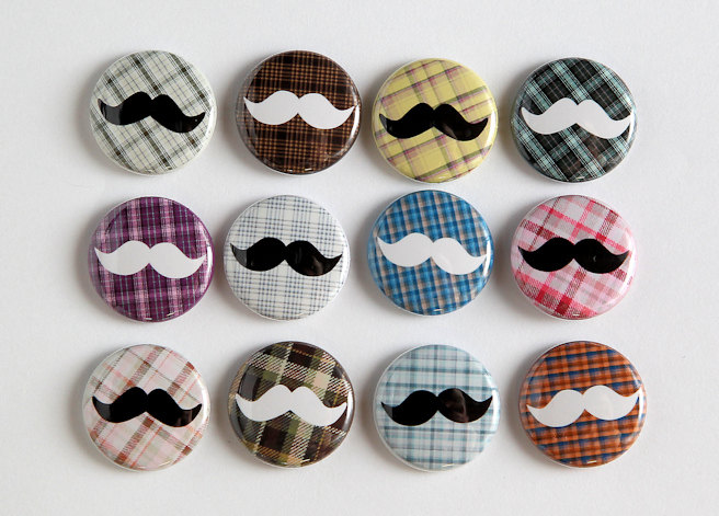 Mustache Plaids Set of 12 - Pinback Buttons Badges 1 inch
