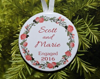 Our First Christmas Engaged Ornament - Pink Flower Wreath - customized with your names - C173