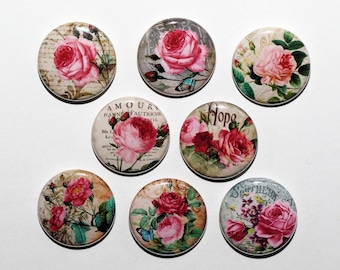 Classic Roses - Set of 8 Pinback Buttons Badges 1 inch - Flatbacks or Magnets